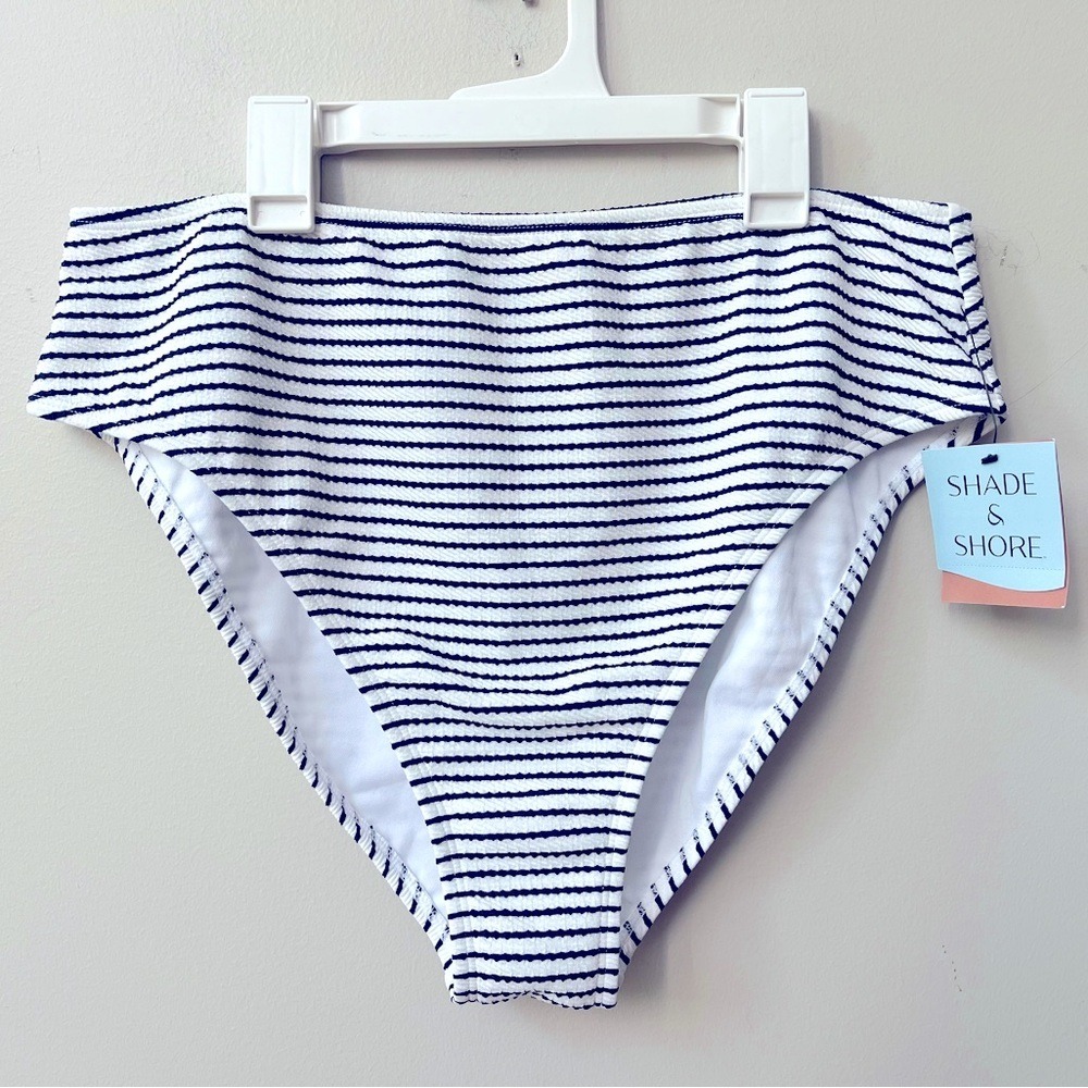 Shade & Shore High Waist High Leg Cheeky Bikini Bottom XL Navy Stripes Ribbed